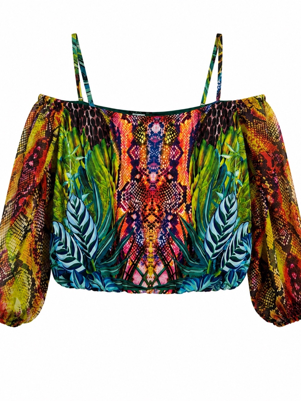VENUS Y2K Tropical Snake Print Off Shoulder Crop Top Puff Sleeve Boho M